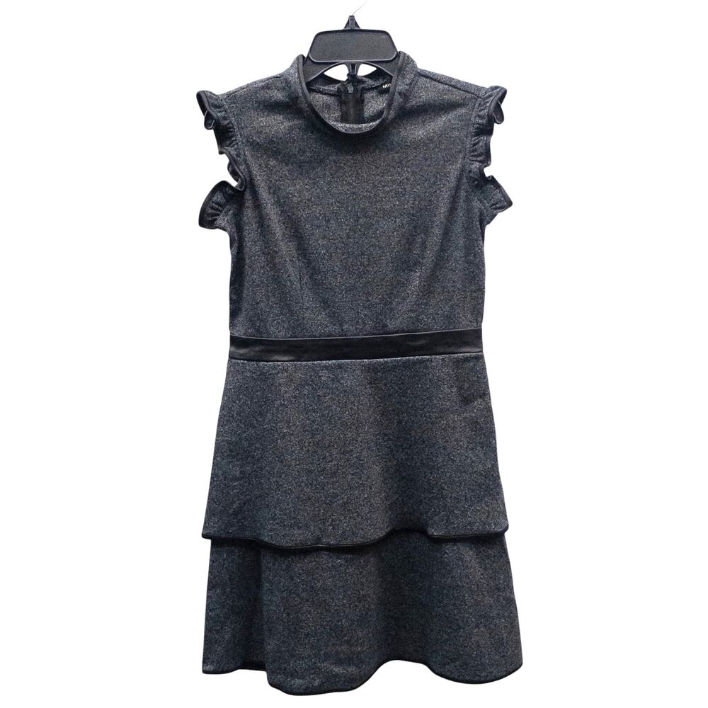 Miss Behave Girls Carol Knit Dress Girls 12 Gray Black Faux Leather Ruffle Party
